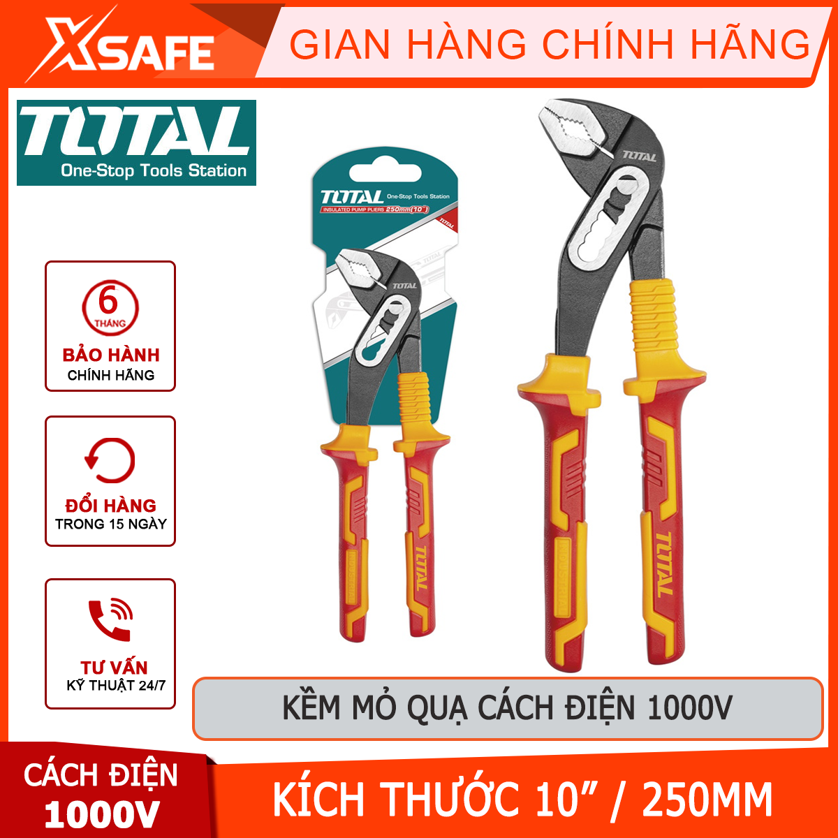 Kìm mỏ quạ cách điện total thtip28101 | kềm cách điện kích thước 10"/ 250mm, kẹp tối đa mở 40mm, đầu kềm mạ đen và đánh bóng, tay cầm cách điện 1000v