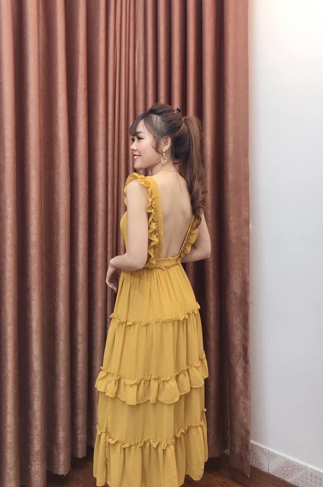 Đầm maxi cánh tiên hở lưng có mút ngưc