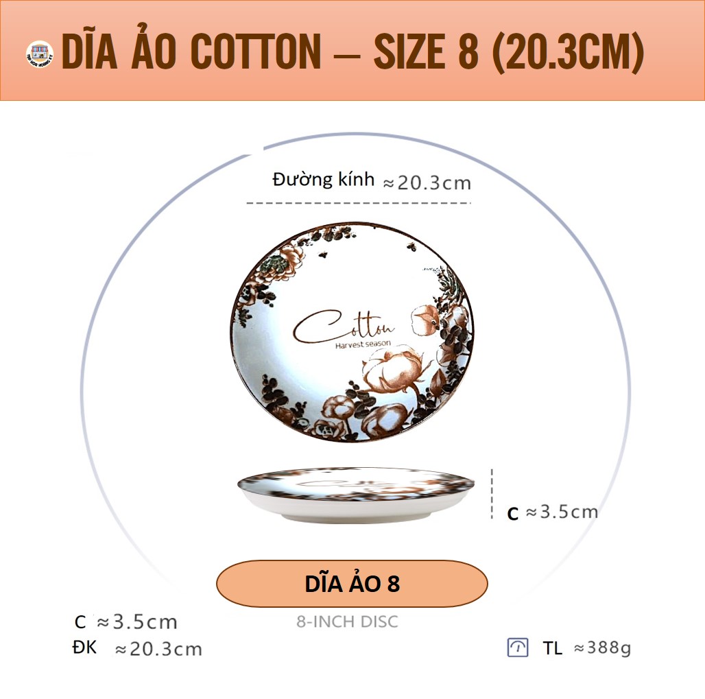 Ceramic Round Plate with Cotton Flower Pattern - Diameter 20cm (Size 8)