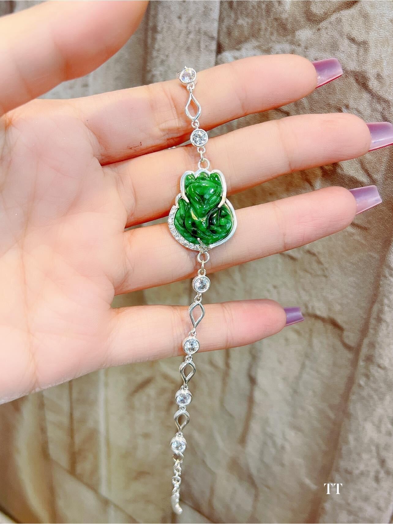 Lắc tay hồ ly ngọc cẩm thạch tự nhiên bọc bạc ta, vòng tay đá phong thuỷ, trang sức thiết kế đủ hoá đơn thẻ bảo hành