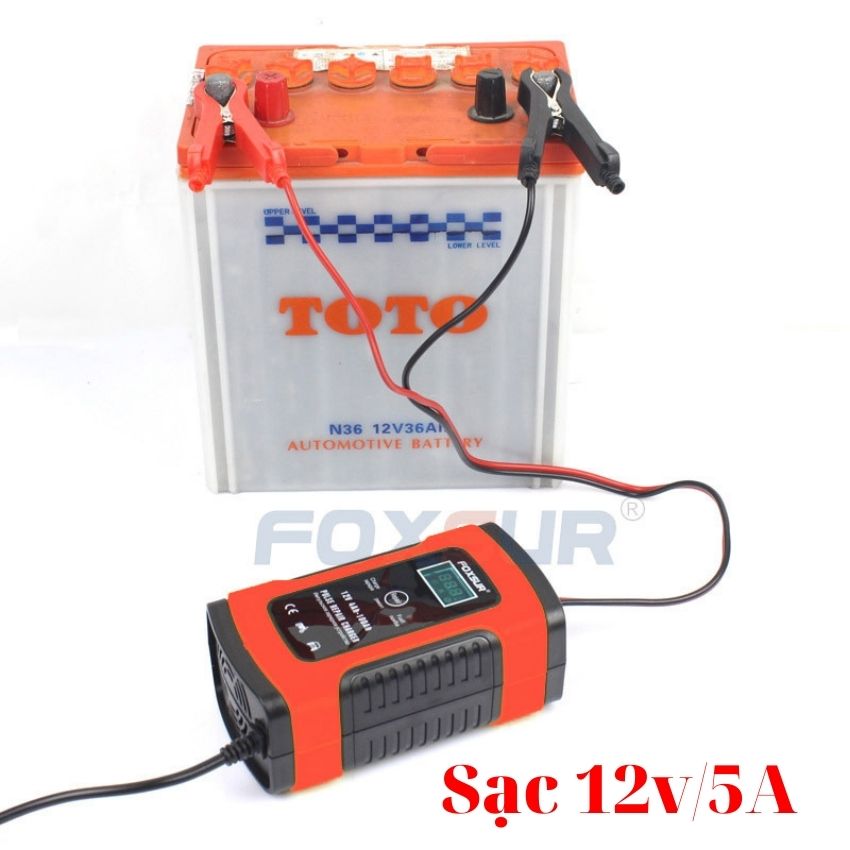 Máy Sạc bình ắc quy 12v5A FOXSUR từ 4Ah-100Ah có chức năng phục hồi acquy bằng khử sunfat thông minh tự ngắt khi đầy chống ngược cực Sạc acquy xe máy acquy ô tô máy nạp bình ắc quy sạc bình ắc quy 12v (FOXSUR LOẠI 1)