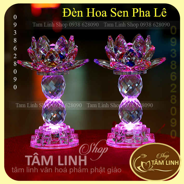 [Ảnh thật] Cặp Đèn Thờ Hoa Sen Pha Lê Cao 18.5 cm đèn LED đổi 7 màu