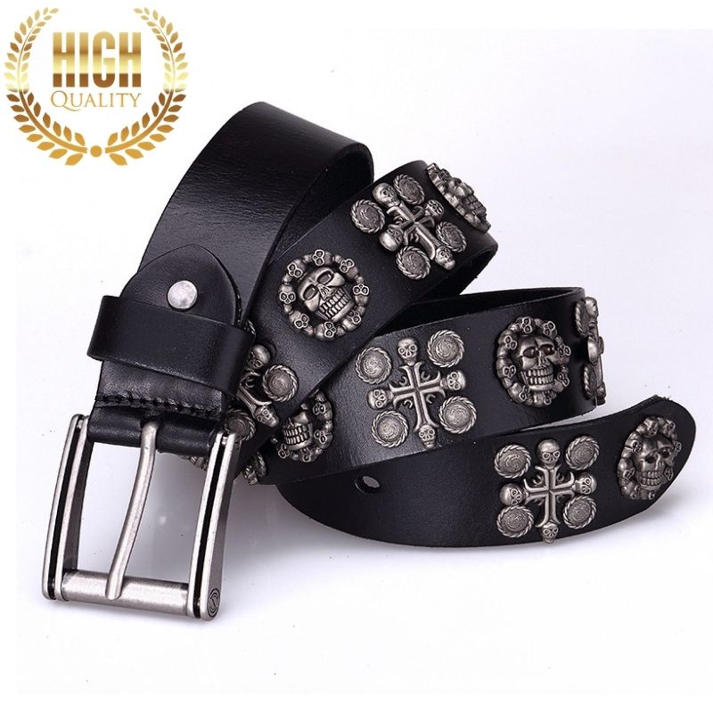 Men Western Rock Genuine Leather Punk Belt Gothic Skull Waist Strap
