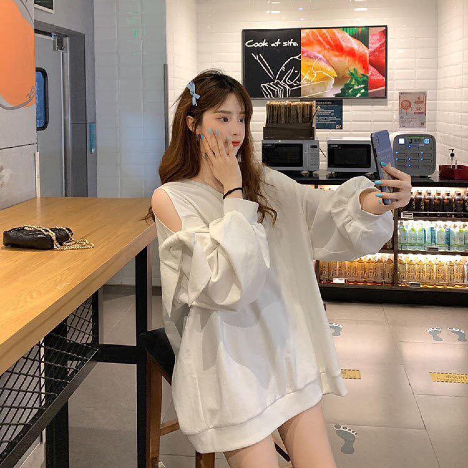 SUA004 Áo sweater thun cổ V đen trắng tay bồng khoét vai nơ babydoll cute thu đông thời trang nữ tính bánh bèo tiểu thư