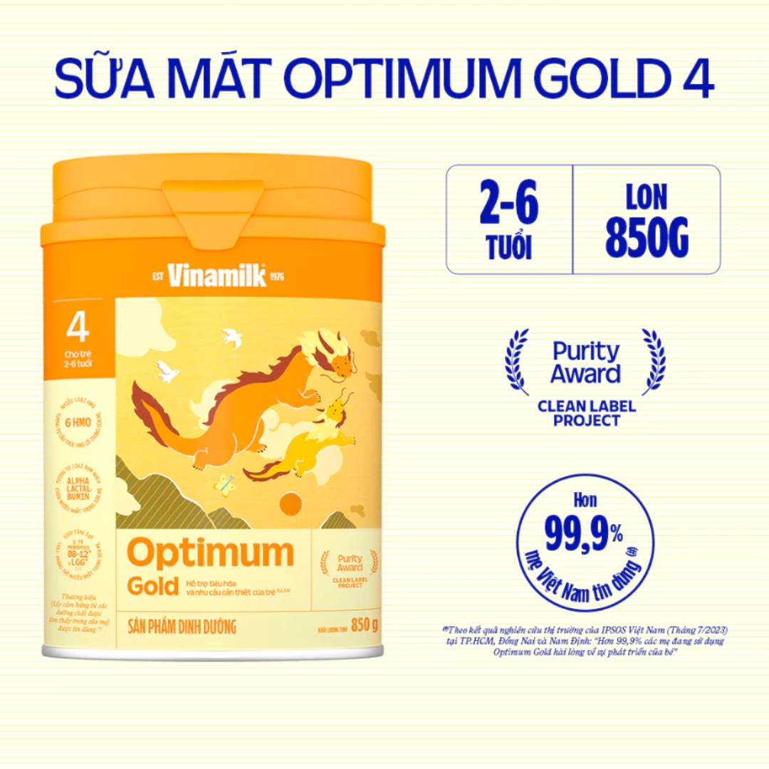 Sữa Bột Vinamilk Optimum Gold Số 4 - Hộp 850g (Cho trẻ 2~6 tuổi)