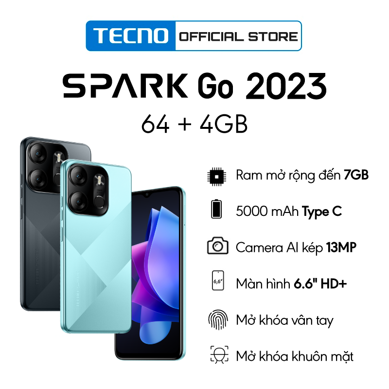Điện thoại Tecno SPARK GO 2023 4GB/64GB - Helio A22 | 5000 mAh | 6,6" HD+| Cảm ứng vân tay | Bảo hành 13 tháng chính hãng