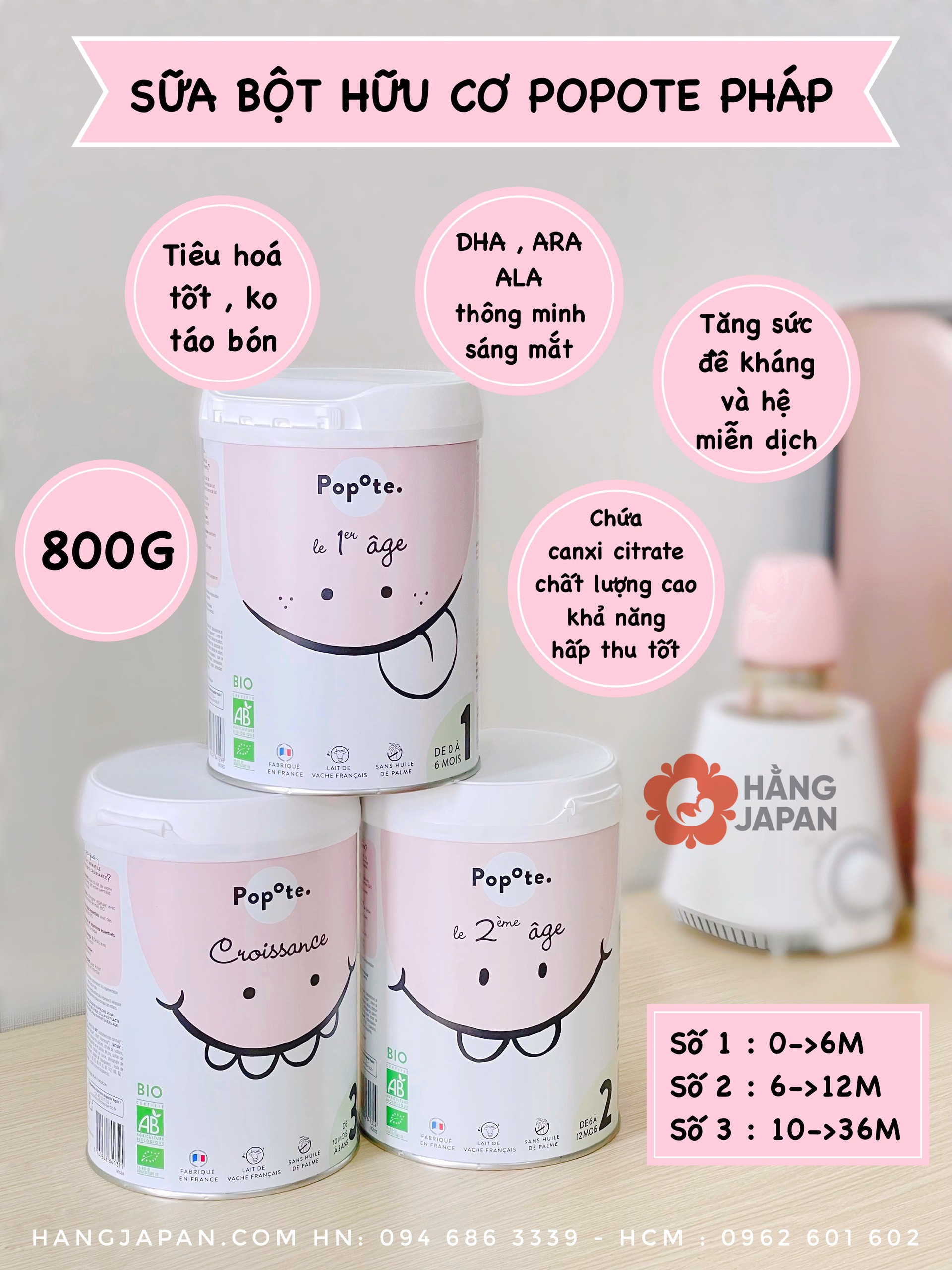 Sữa công thức hữu cơ Popote Bio (800g) số 1, 2, 3 - Hàng Pháp