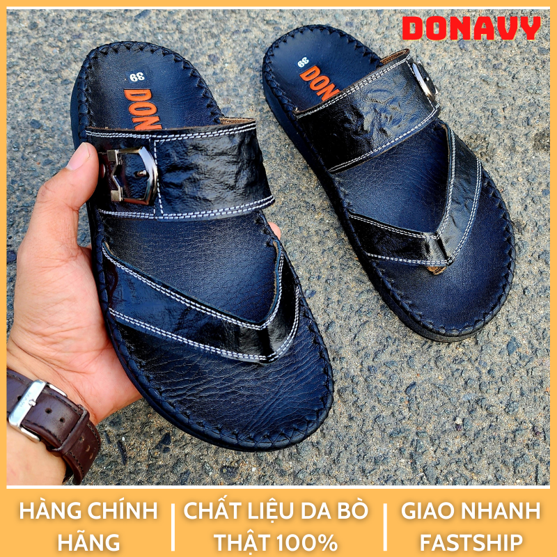 Dép kẹp nam da bò thật 100% DONAVY cao cấp, thiết kế quai cách điệu, đế cao su có xẻ rãnh đi chống trơn trượt D.K3C