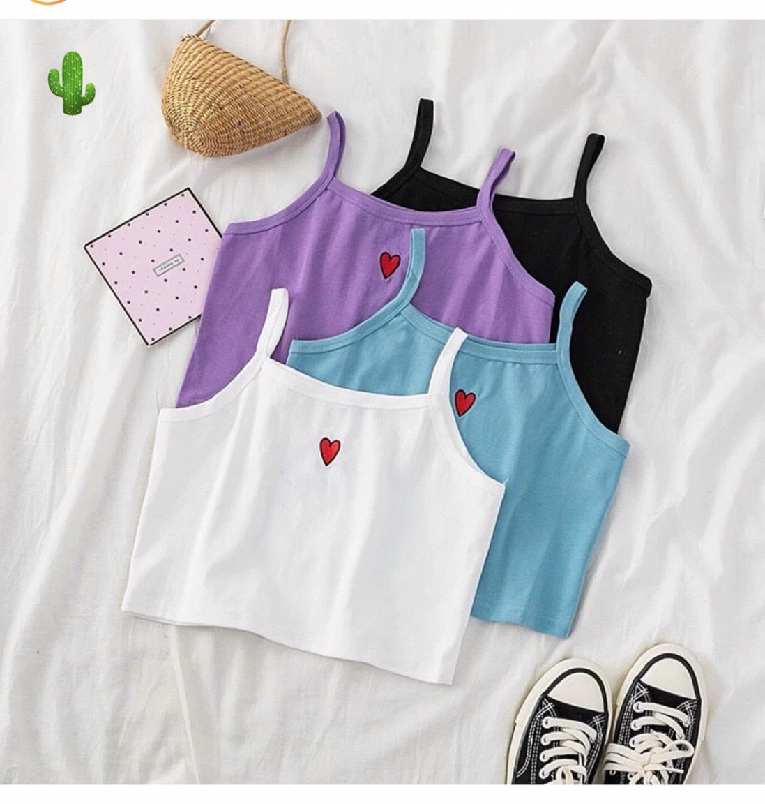 Áo croptop borip thun 2 dây thêu tim dễ phối đồ cute ttpk0133
