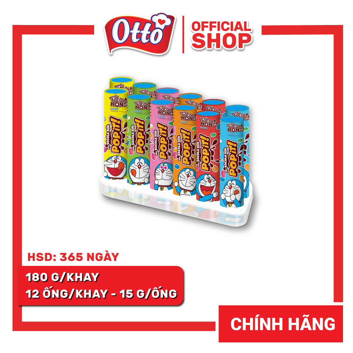 Khay (12 Ống) Kẹo socola sữa Popit Doreamon Ống 15g | Socola | Đồ ăn vặt