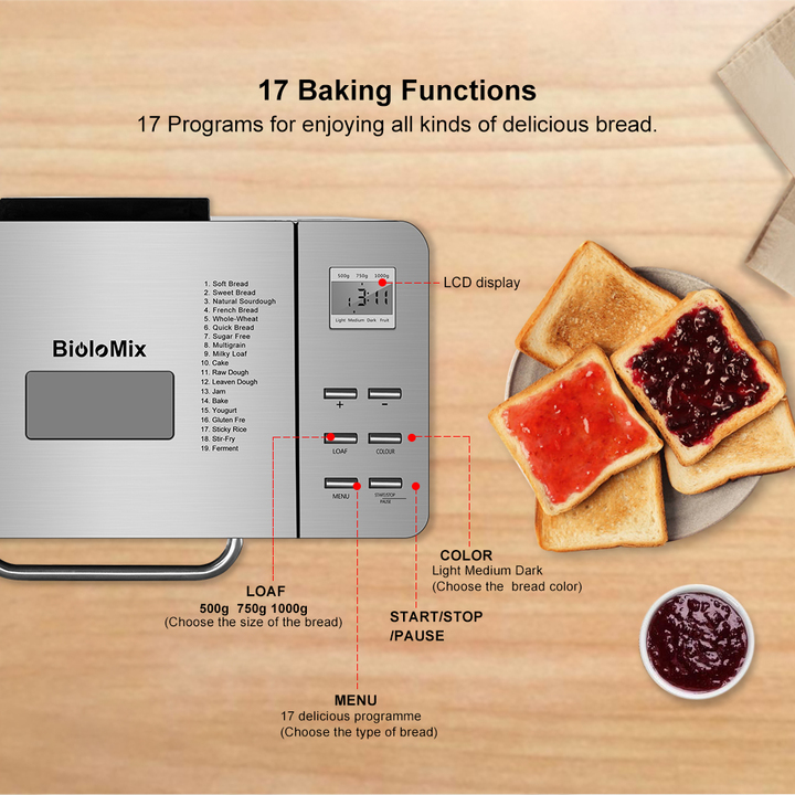 Máy làm bánh mì tự động cao cấp BioloMix BBM013, 17 chương trình chế biến, chế độ hẹn giờ sâu, nấu được cả các món ăn mứt, dăm bông