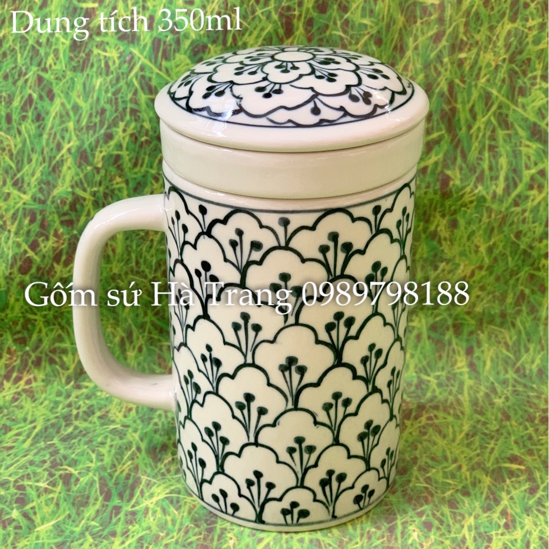 Cốc lọc trà dung tích 350ml gốm sứ Bát Tràng cao cấp vẽ hoạ tiết vân mây trắng