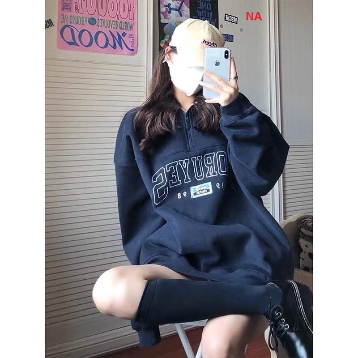 Áo nỉ cổ bẻ khóa form rộng tay bồng, Áo hoodies phong cách hàn quốc