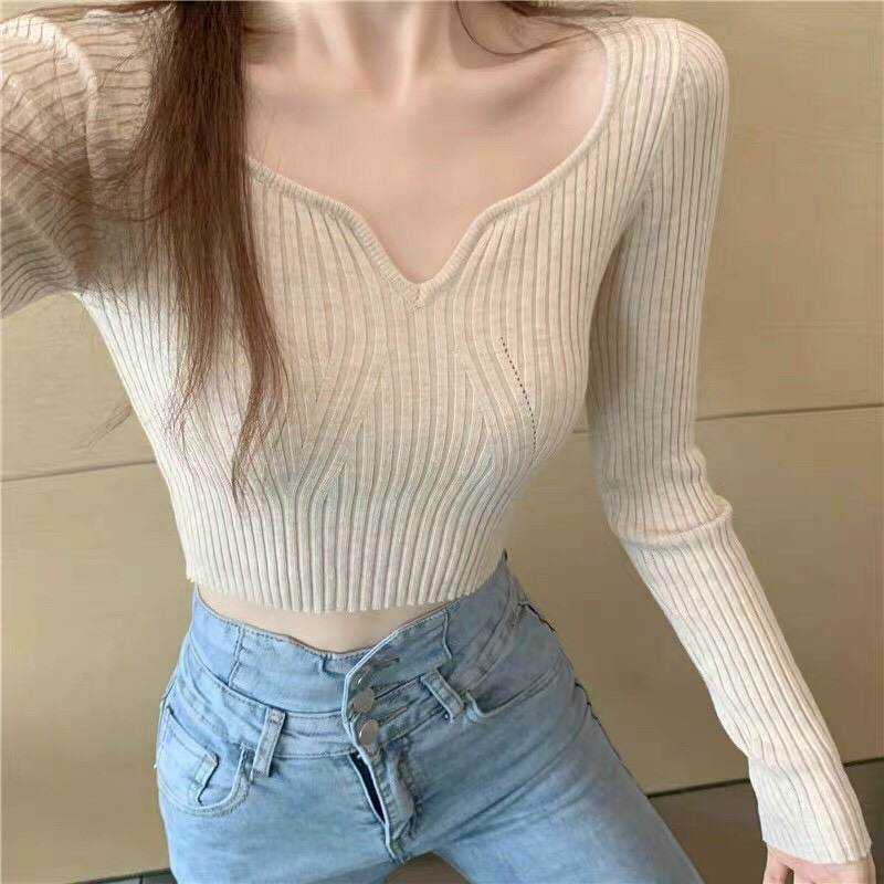 Áo len cổ tim croptop tôn dáng