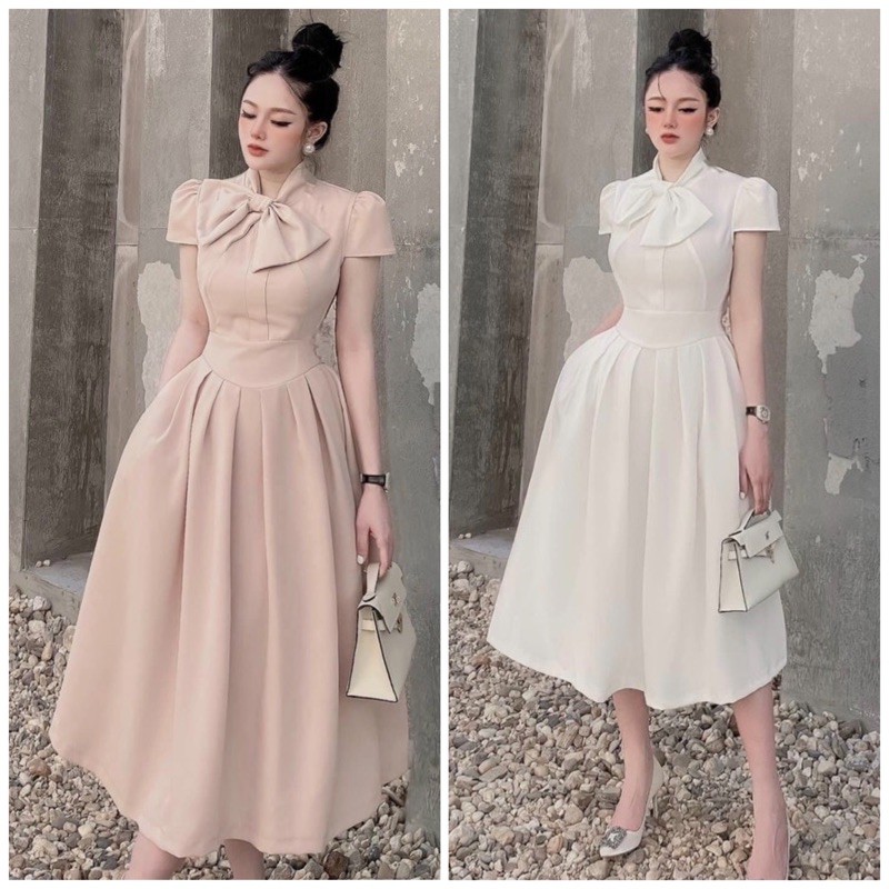 Đầm nơ cổ form dài 2 màu
