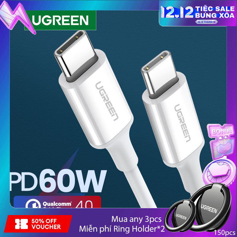 Ugreen PD 60W Fast Charge Cable Data Transfer 480Mbps USB C to USB Type-C for Samsung S23 S22 Xiaomi 11t Xiaomi 12t Huawei P40 P30  Macbook iPad Pro 2022 2021 Chromebook Nintendo Switch Model:60517