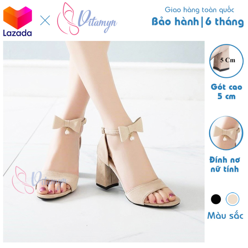 Giày cao gót gót vuông 5cm dây đính nơ nữ tính thời trang giá rẻ