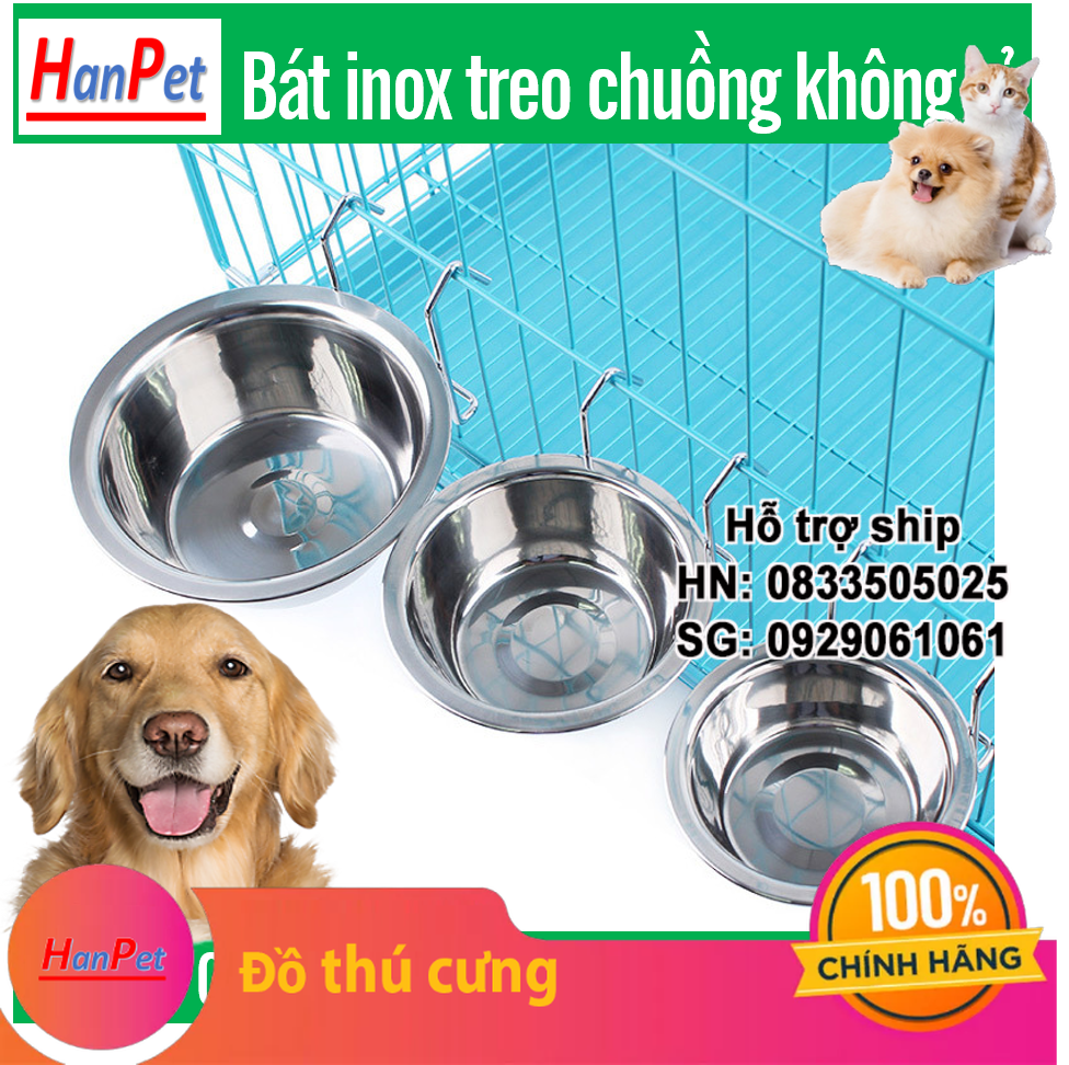 Hanpet - Bát ăn cho chó mèo - Bát inox treo chuồng có giá đỡ ( 3 size NHỎ, TRUNG, LỚN) ( 4711734) chén ăn uống cho chó mèo