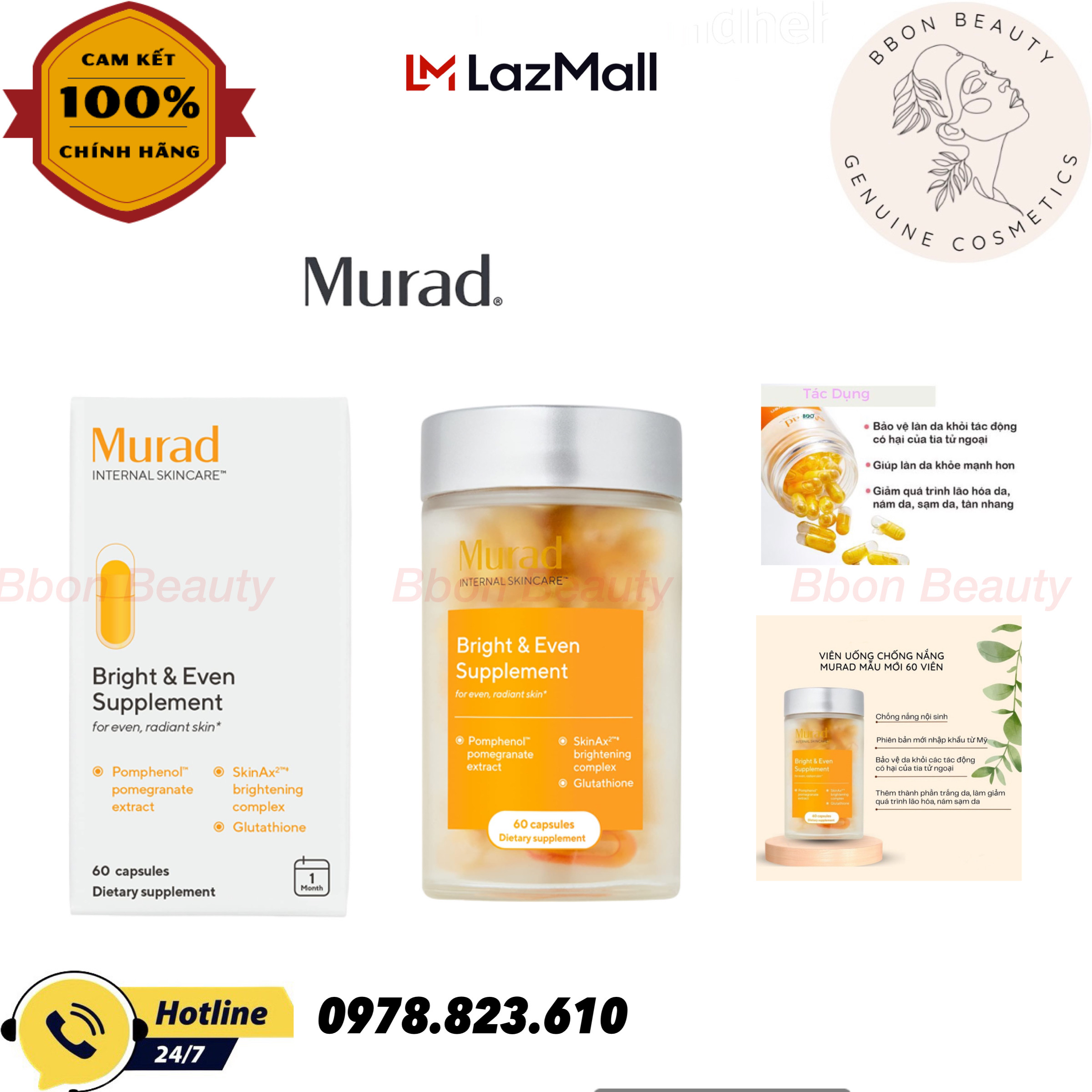 Viên uống chống nắng cải tiến mu rad bright & even supplement - bbon beauty chính hãng
