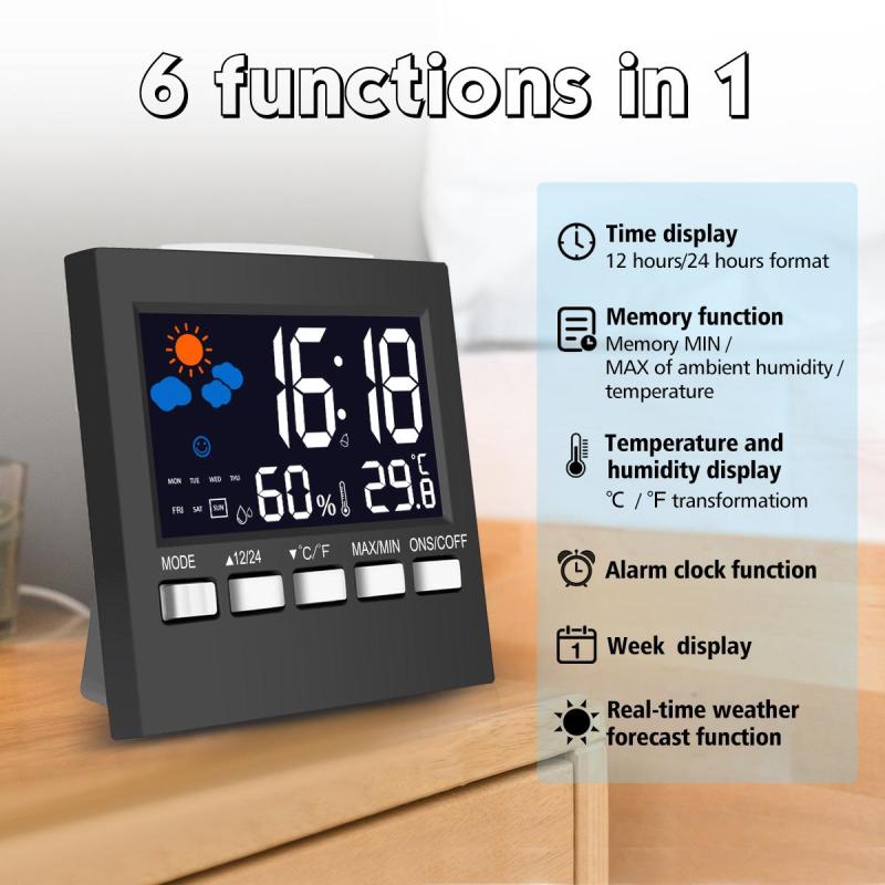 【Miễn phí giao hàng】Đa chức năng Màn Hình LCD Màu Nhiệt Độ Ẩm Kế Thời Tiết Lịch Tuần Thời Gian Đồng Hồ Báo Thức Thoải Mái Điện Tử Kỹ Thuật Số Hiển Thị Chức Năng Đèn Nền-quốc tế bán chạy