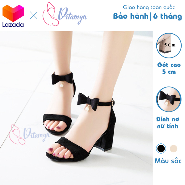 Giày cao gót gót vuông 5cm dây đính nơ nữ tính thời trang giá rẻ