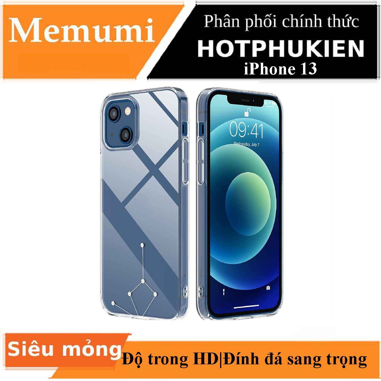 Ốp lưng chống sốc trong suốt đính đá swarovski cho iPhone 13 6.1 inch hiệu Memumi Swarovski Crystal mỏng 1mm, chống va đập, gờ bảo vệ Camera, đính đá sang trọng - Phân phối bởi Hotphukien