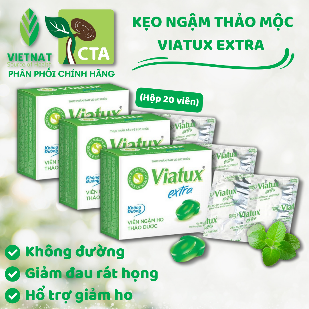 Combo 3 Hộp Kẹo Ngậm Húng Chanh Không Đường Viatux Extra Thảo Mộc Vietnat Hổ Trợ Giảm Ho (Hộp/20 Viên)