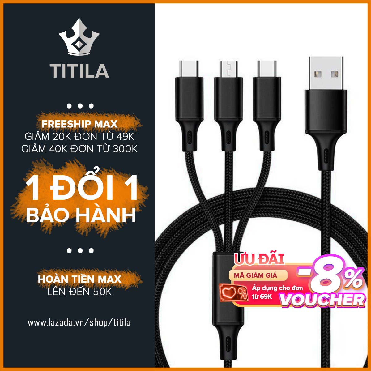 Dây sạc 3 Đầu Cáp sạc đa năng 3in1 Lightning - Micro - Type C Sạc cho Samsung Oppo Xiaomi iPhone