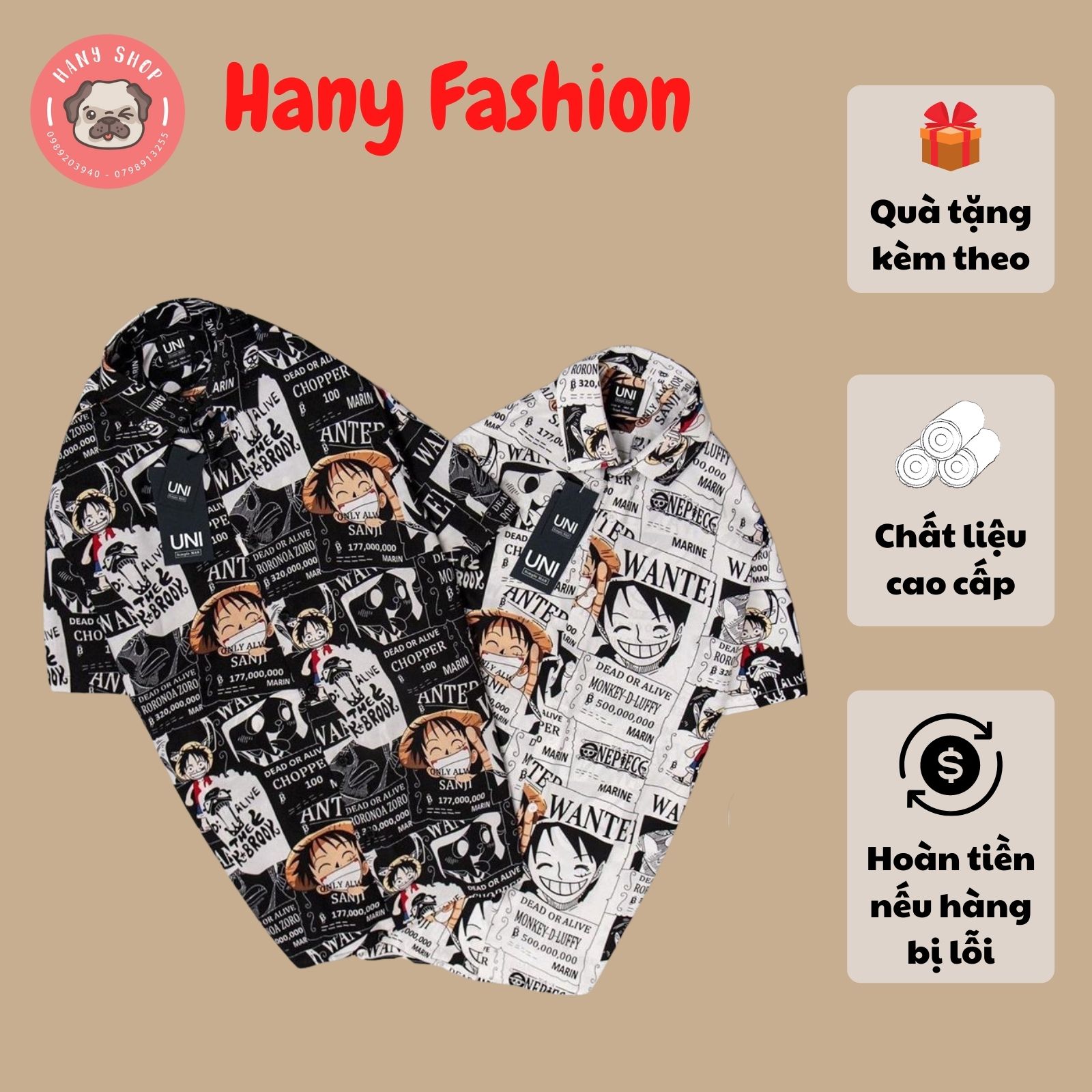 Áo sơ mi vải lụa không nhăn One Piece Luffy || Hany Shop