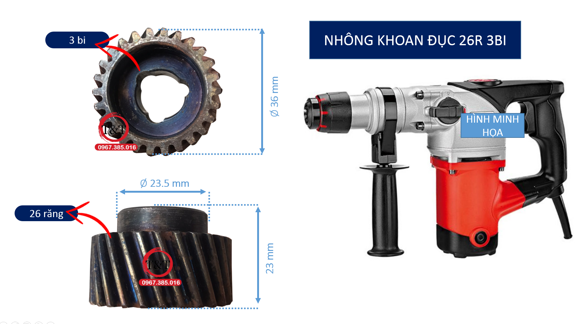 Bánh răng máy khoan đục 2 chức năng loại 3 bi 26 răng, nhông khoan đục 26 răng 3 bi.