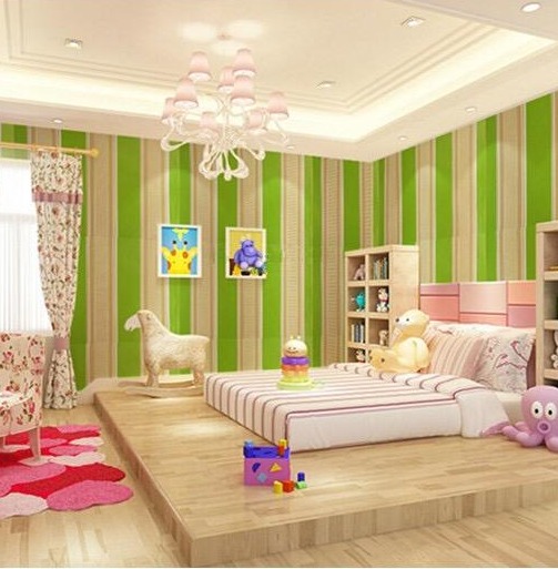 Cuộn 5m giấy dán tường sọc xanh lá khổ rộng 45cm keo sẵn