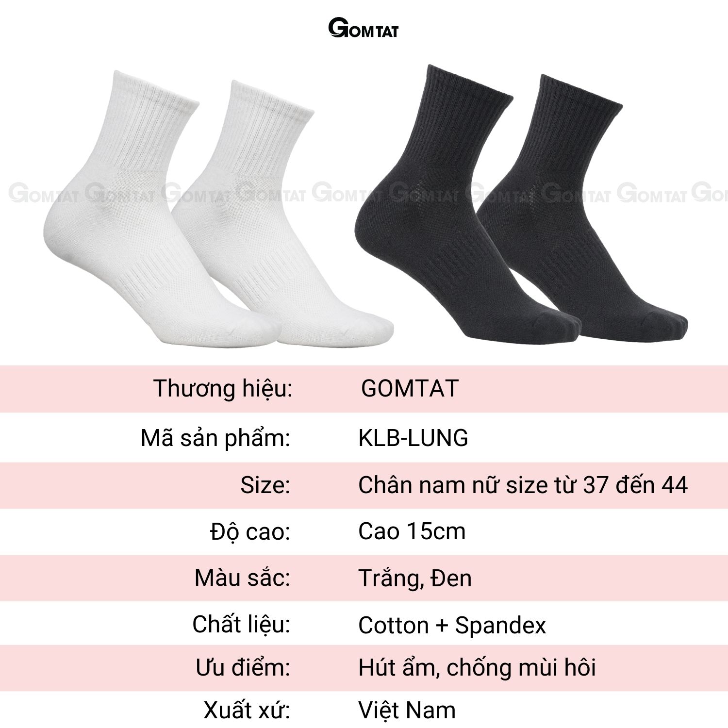 Tất nam nữ cổ trung GOMTAT chất liệu cotton dày dặn, êm mềm thoáng mát, thấm hút mồ hôi - GOM-KLB-TRONLUNG-1DOI