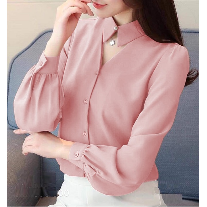 Áo sơ mi nữ công sở kiểu cổ nút ngọc dễ thương