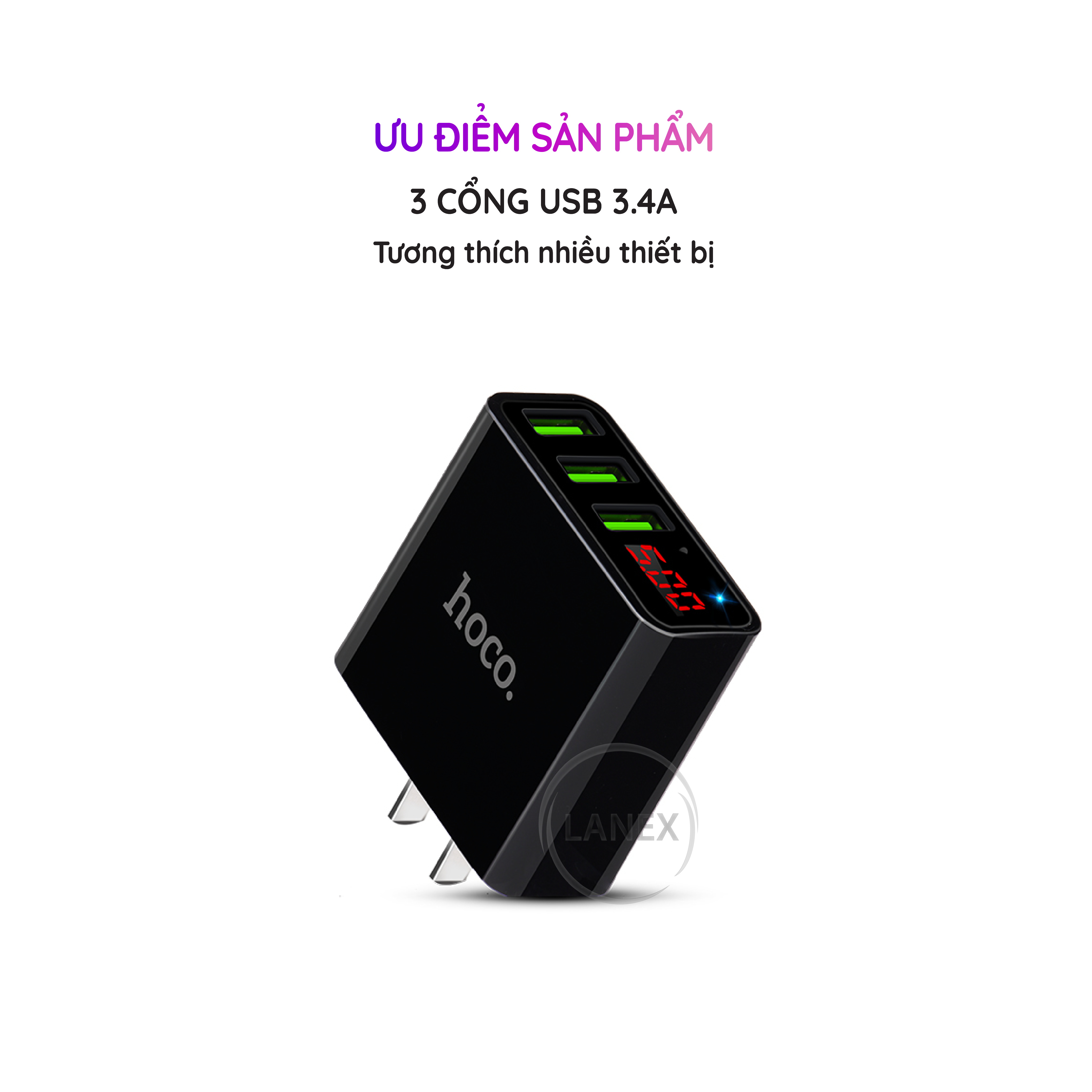 Cóc Sạc Nhanh Hoco C15 3 Cổng Usb 3.4a Màn Hình Led