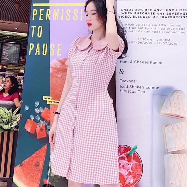 [HCM]Đầm caro hồng cổ sen
