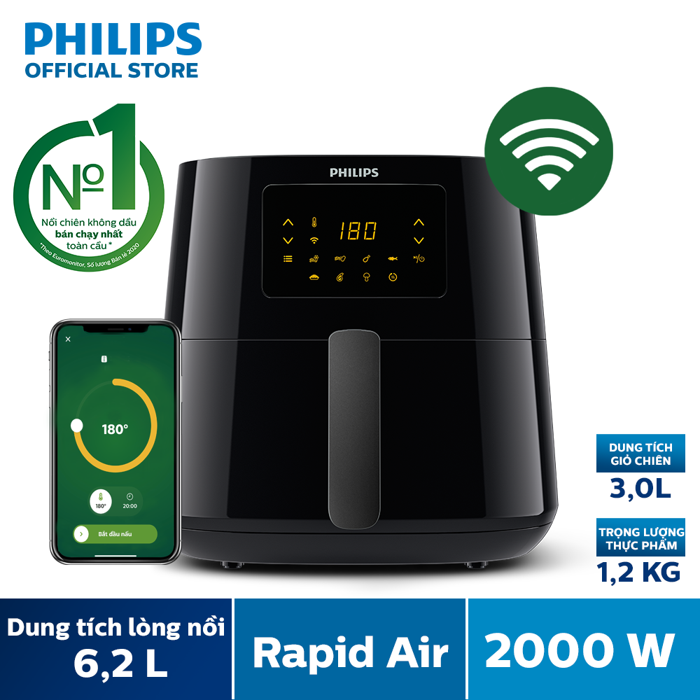 Nồi Chiên Không Dầu Xl 6.2L Philips HD9280/90 Có Kết Nối Wifi - Công Suất 2000W - Công Nghệ Rapidair - Màn Hình Điện Tử - Hàng Phân Phối Chính Hãng