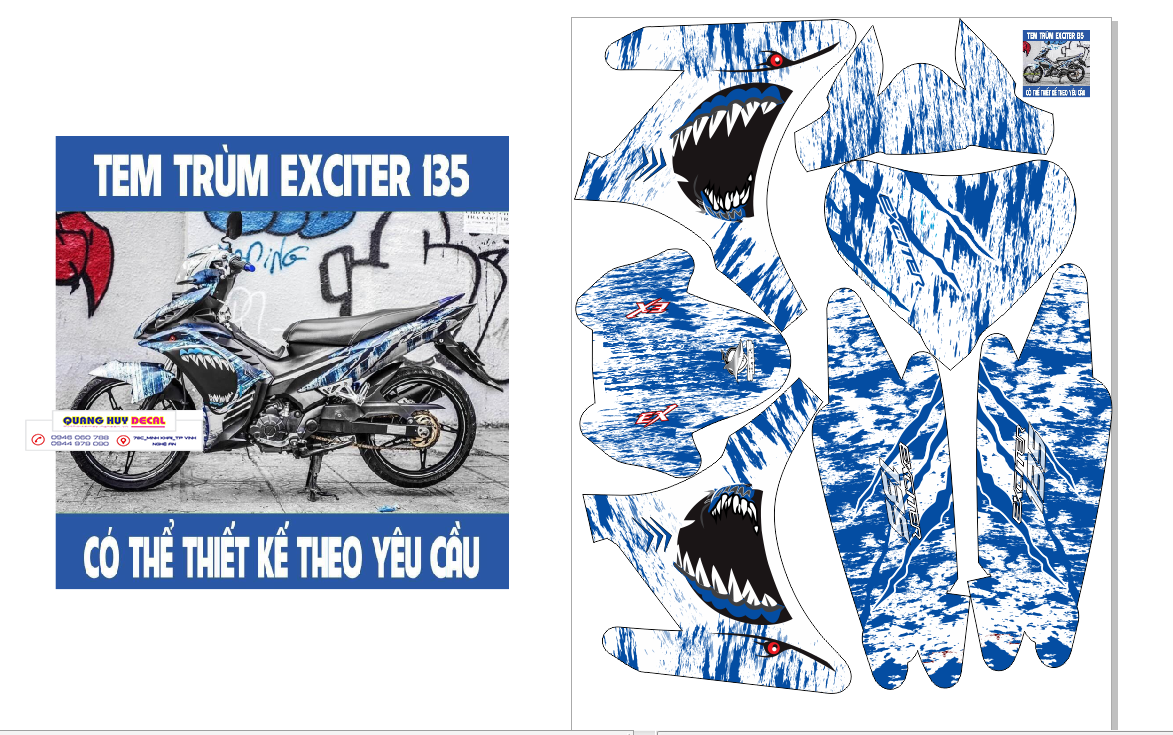 Tem trùm exciter 135 cá mập xanh trắng, tem exciter 135, team trùm exciter 135, tem xe exciter 135, team trùm ex 135, team xe exciter 135 cá mập xanh trắng