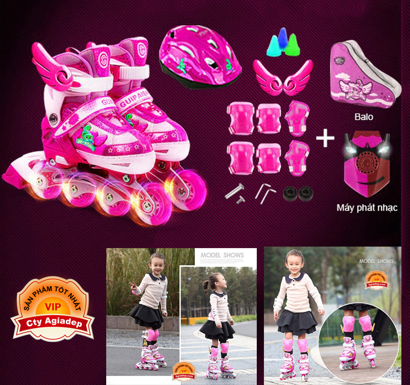 Giày Patin siêu xịn Gupaisy Bản Female Bánh phát sáng + Bộ bảo vệ tay chân + Túi + Mũ (Giày Trượt Patanh cao cấp)