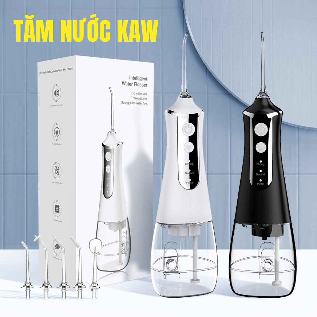 Tăm nước KAW dung tích 300ml, Máy làm trắng răng 3 chế độ vệ sinh mạnh 4 đầu phun, siêu sạch, an toàn Áp lực liên tục, mạch nước ổn định dễ dàng sử dụng Bảo hành uy tín tại VINEMART SG