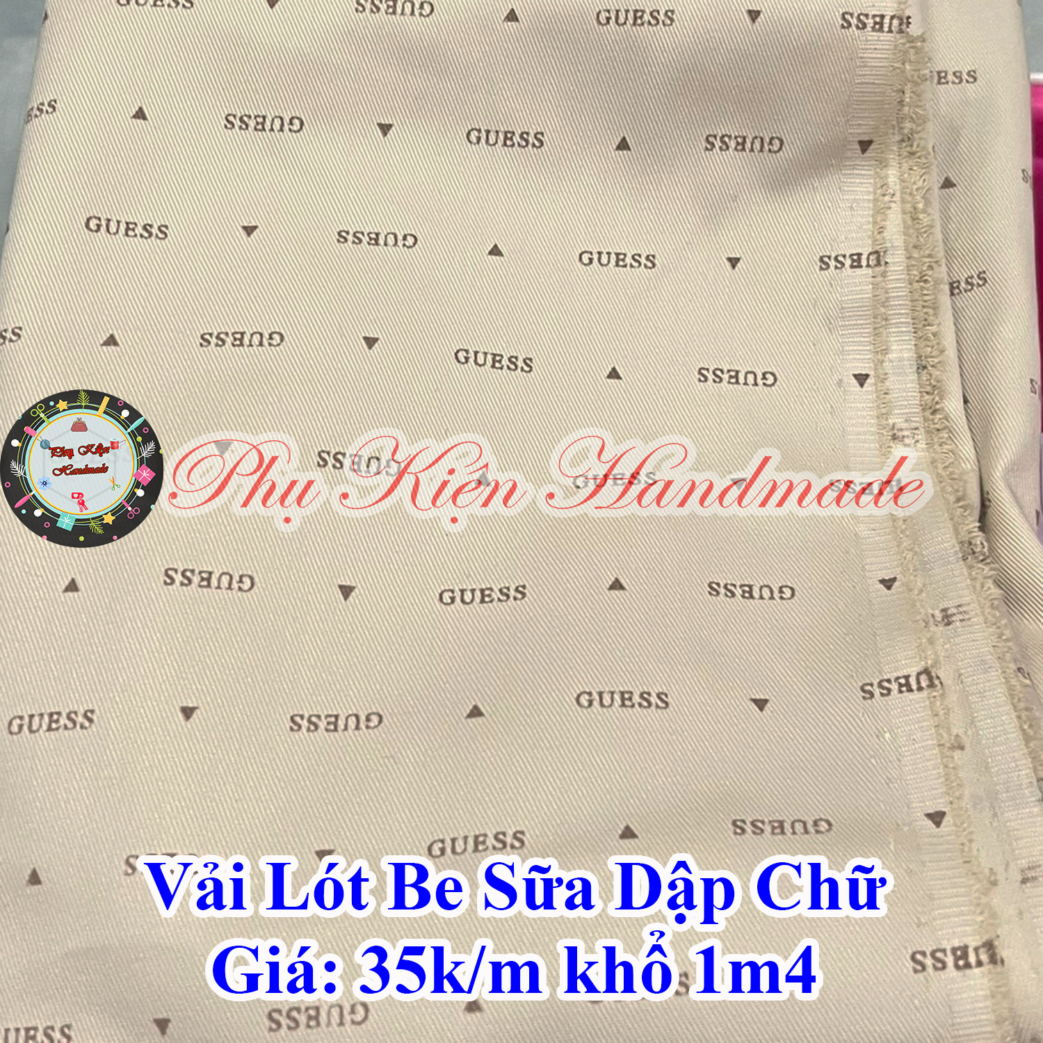 Vải lót be sữa dập chữ 35k/m khổ 1m4