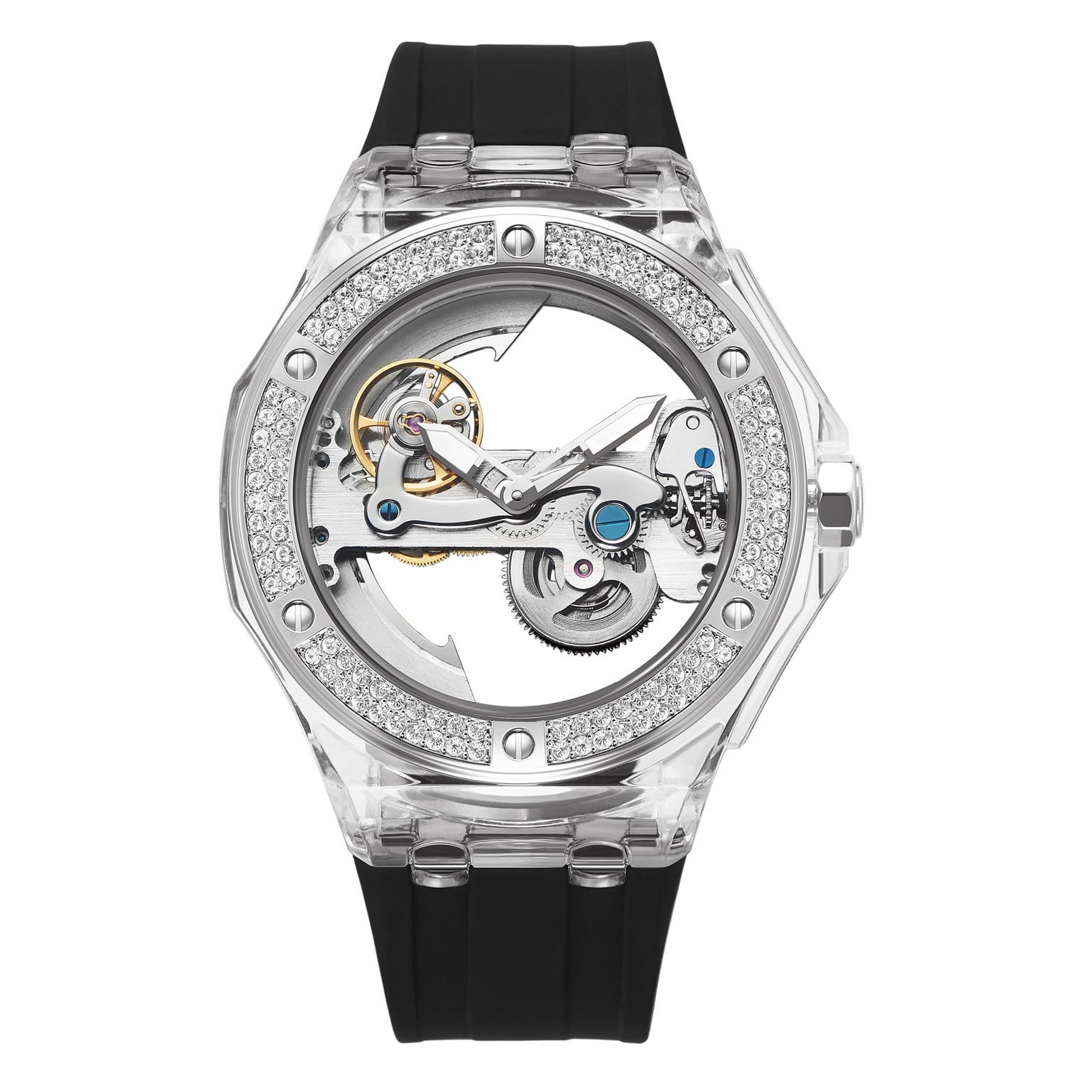Đồng hồ davena nam automatic d31592 mặt lộ máy silicon đen 42mm