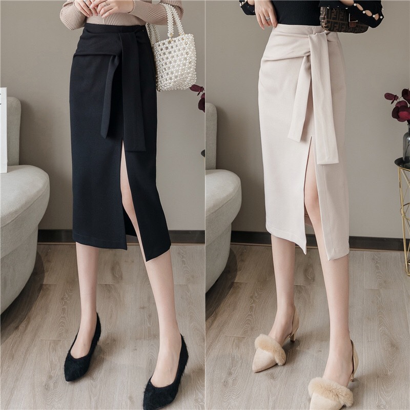 Chân Váy Xẻ Tà Cột Nơ💕𝑭𝑹𝑬𝑬𝑺𝑯𝑰𝑷💕[Giá gốc tận xưởng] CHÂN VÁY CÔNG SỞ