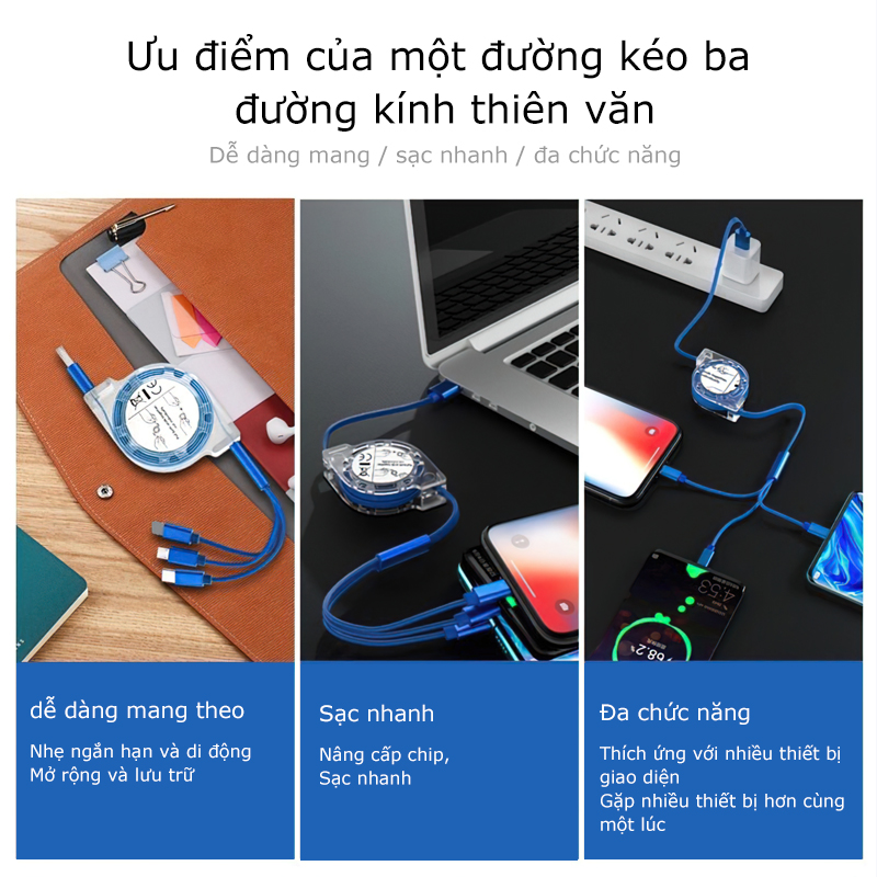 Cáp Sạc rút tròn đa năng 3 Đầu, 3 IN 1 SẠC NHANH, Dây Cao Cấp Siêu Bền