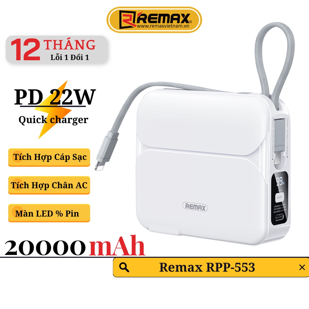 Củ Sạc Kiêm Sạc Dự Phòng Đa Năng Kèm Cáp 3in1 20000mAh Remax RPP553 Sạc Nhanh 27W Cho 14Pro Max Remax Việt Nam 1 Đổi 1 Trong 12 Tháng