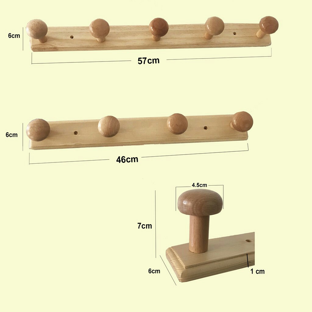 Móc Gỗ Treo Nón Mũ Quần Áo - Giá treo quần áo gắn tường bằng gỗ - Móc treo đồ gỗ GIBA