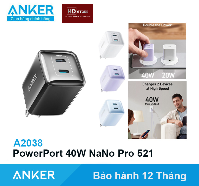 Củ Sạc ANKER A2038 40W 2 Cổng Type C PowerPort Nano Pro 521 sạc nhanh