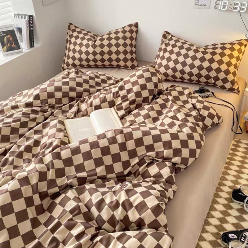 Bộ chăn ga gối cotton poly - Mẫu kẻ ô nâu caphe