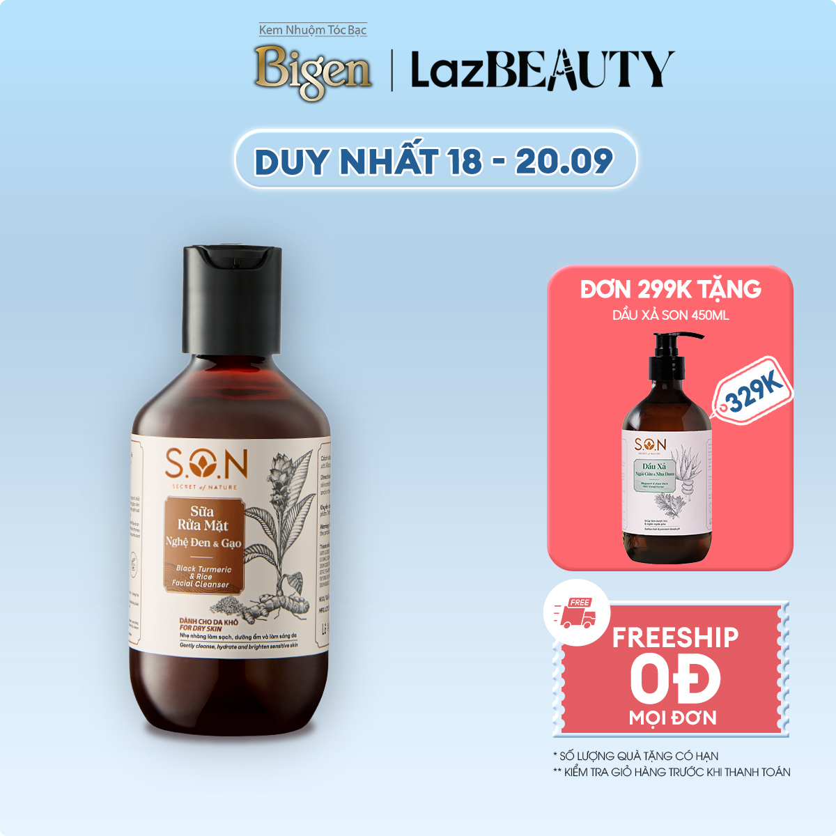 Sữa rửa mặt nghệ đen & gạo S.O.N dành cho da khô 100ml