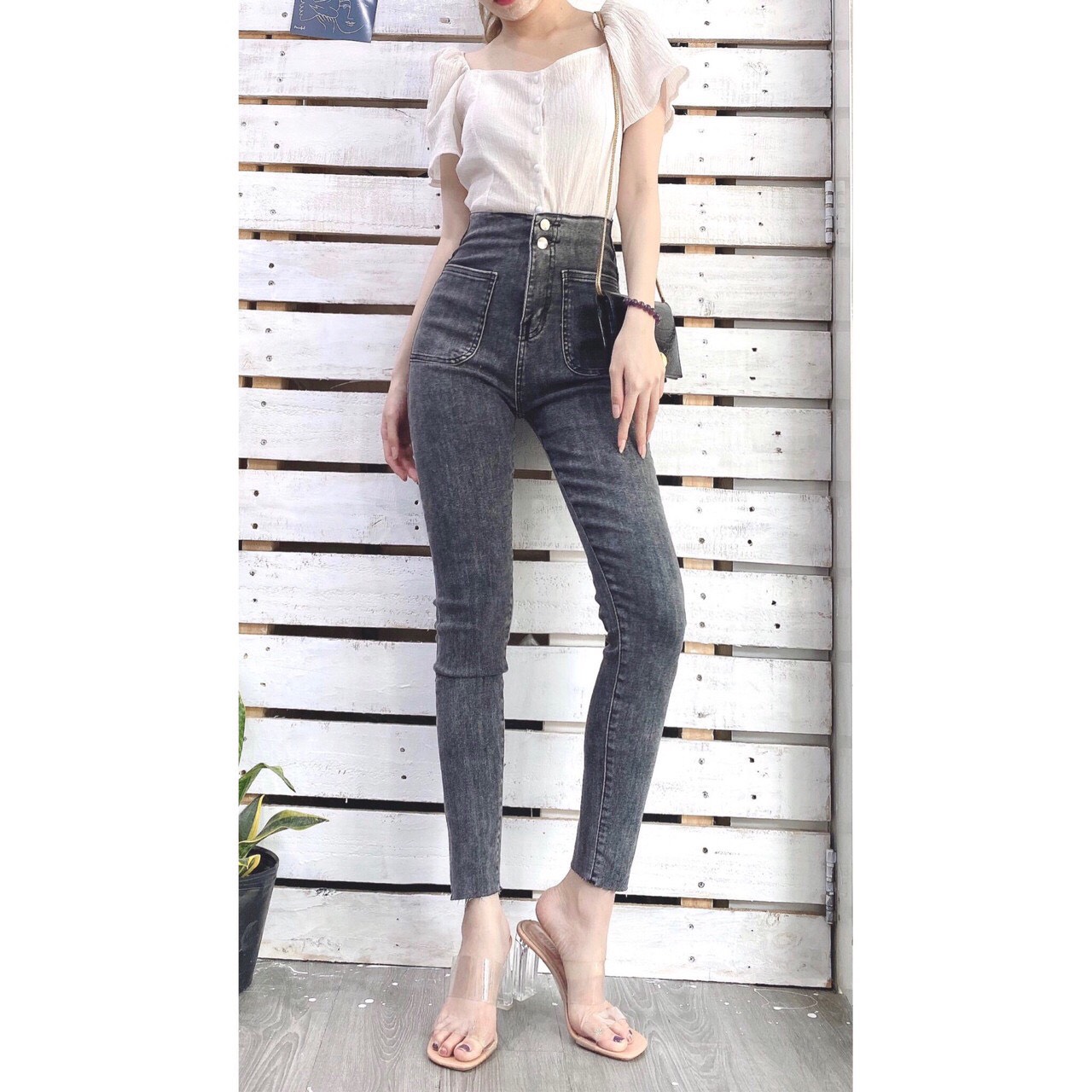 Quần Jean Nữ Lưng Cao 2 CÚC TRƯỚC HAI TÚI BẦU XÁM siêu đẹp chất jean giãn tốt K dai --d5/16