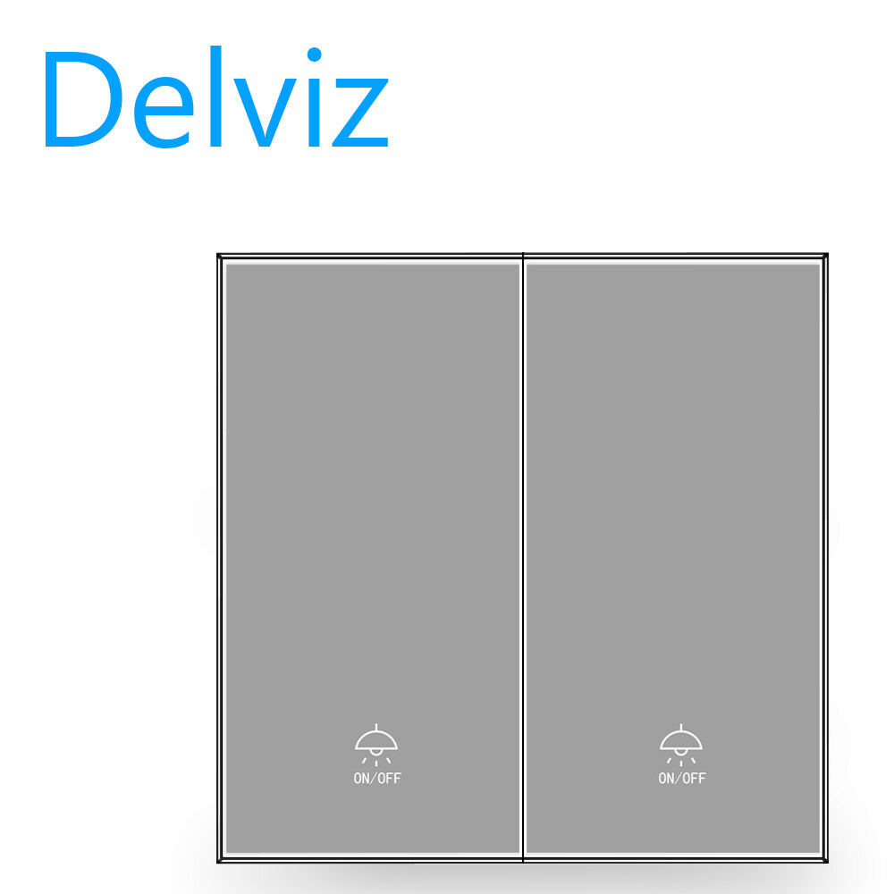 DELVIZ 钢化玻璃灯开关，灰色全屏面板10A墙嵌式插座开关，交流110V-250V 86mm*86mm, 2开2路按钮开关，灯开关。